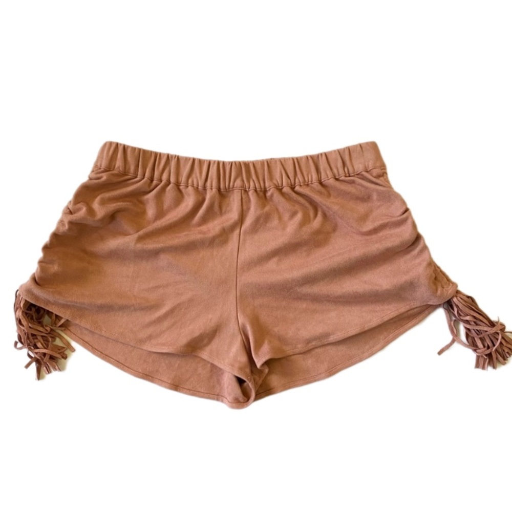 Women's Tan Fringe Side Tie Shorts